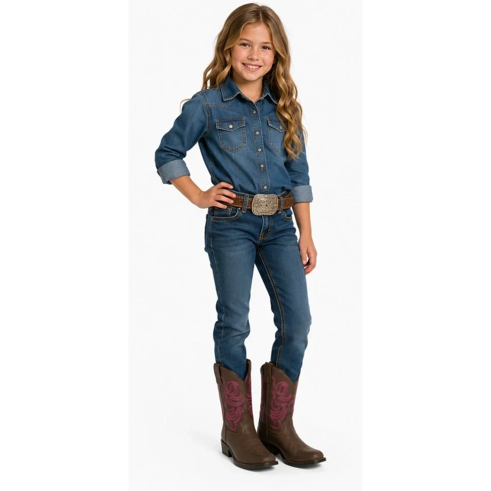 SMOKY MOUNTAIN BOOTS Youth Brown Leather Cowboy Boots Pink Stitch Size 2R